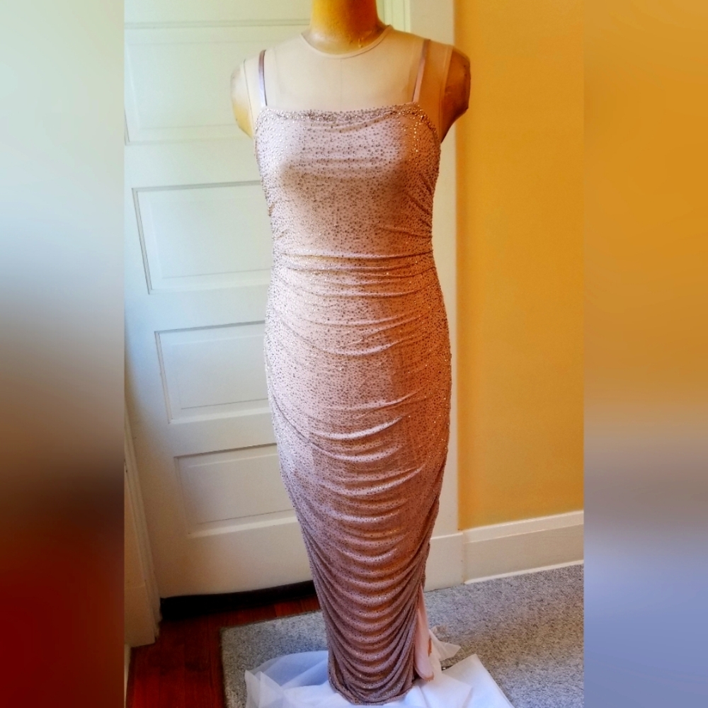Fashion Nova NWT Beige w/Gold Jewels Formal Gown w/Slit on Left Leg, Size 1X